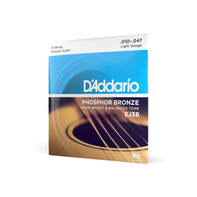 D'Addario EJ38 Phosphor Bronze 12-String Acoustic Guitar Strings, Light, 10-47