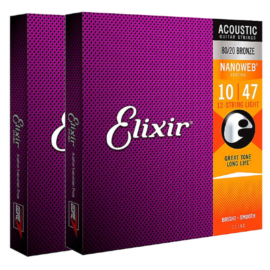Elixir Strings 11152 Nanoweb 80/20 Acoustic Guitar Strings - .010-.047 Light 12-String (2-pack)