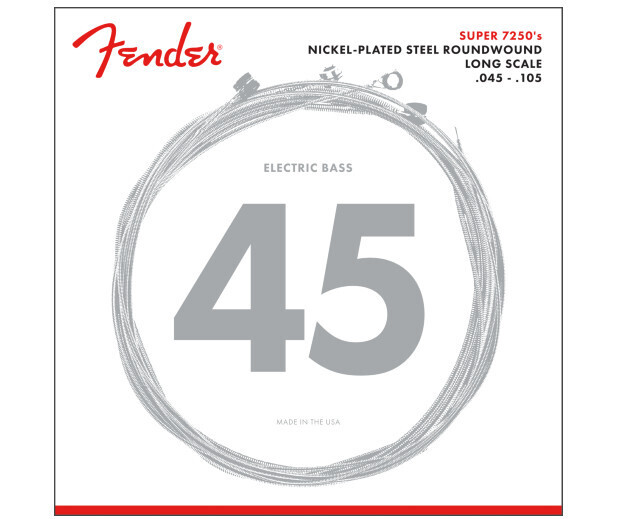 Fender 7250 Bass Strings, Nickel Plated Steel, Long Scale, 7250M .045-.105 Gauges, (4)