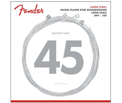 Fender 7250 Bass Strings, Nickel Plated Steel, Long Scale, 7250M .045-.105 Gauges, (4)