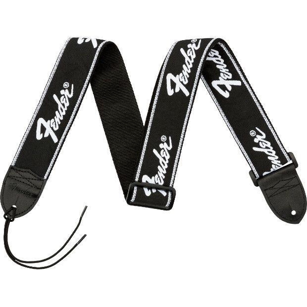 Fender Running Logo Strap, Black/White Logo, 2"