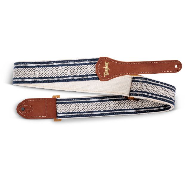 Taylor Academy Jacquard Leather Guitar Strap - Amber Buckle - White/Blue