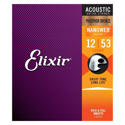 Elixir 16052 Phosphor Bronze Acoustic Guitar Strings w NANOWEB Coating, Light 12-53
