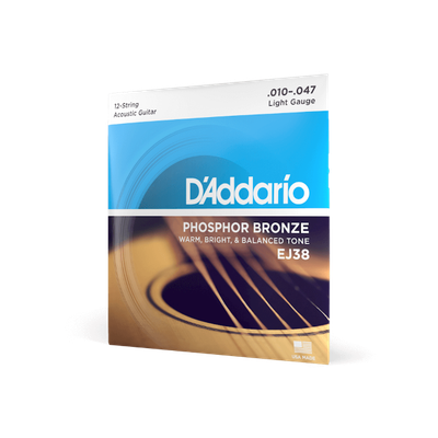 D'Addario EJ38 Phosphor Bronze 12-String Acoustic Guitar Strings, Light, 10-47