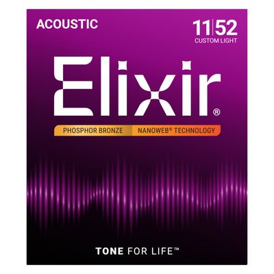 Elixir 16027 Phosphor Bronze Acoustic Guitar Strings with NANOWEB Technology Custom Light 11-52