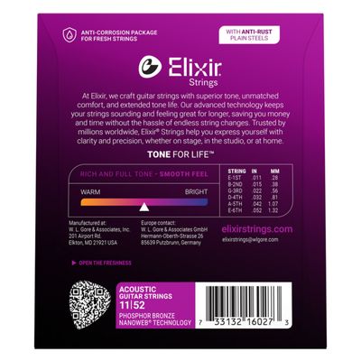 Elixir 16027 Phosphor Bronze Acoustic Guitar Strings with NANOWEB Technology Custom Light 11-52
