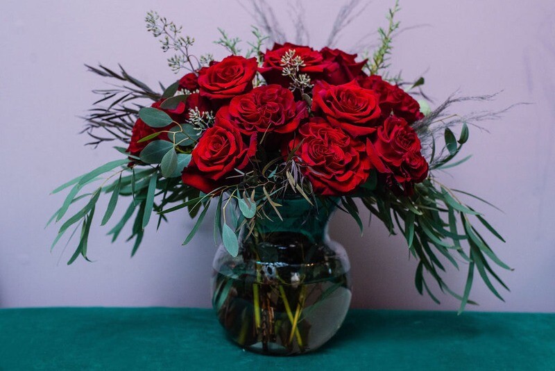 Dozen Red Roses in a Low Vase