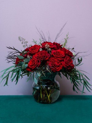 Dozen Red Roses in a Low Vase