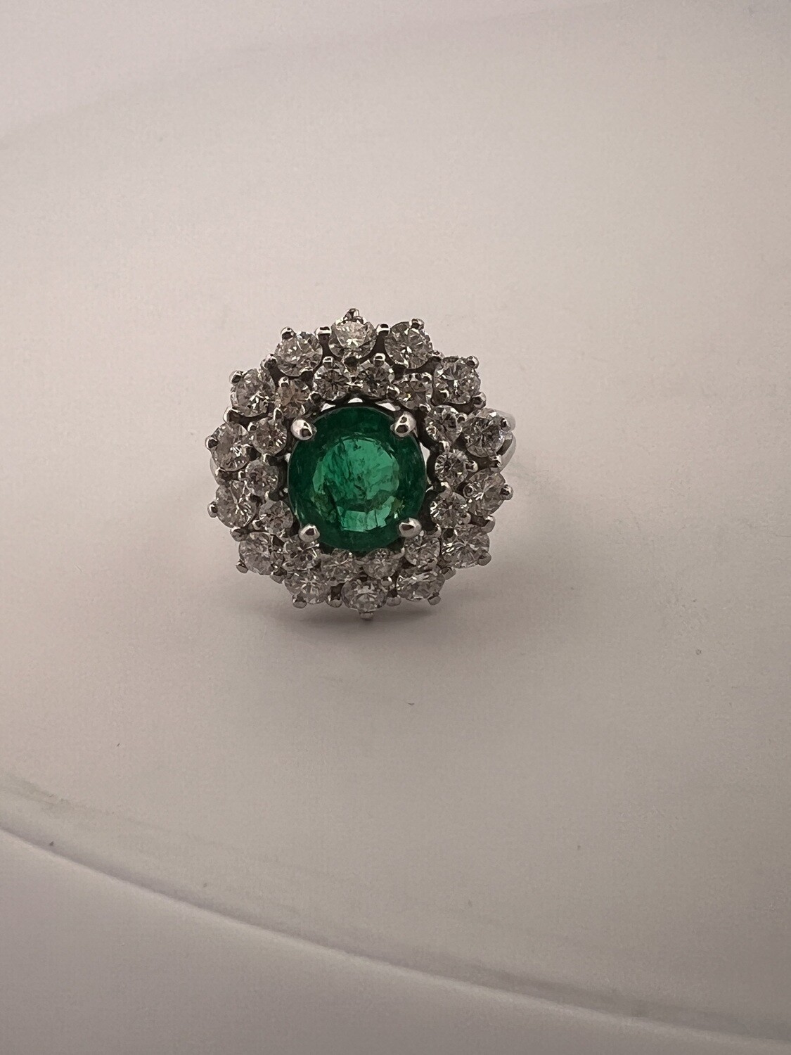Platinum Emerald and Diamond Halo Vintage Ring