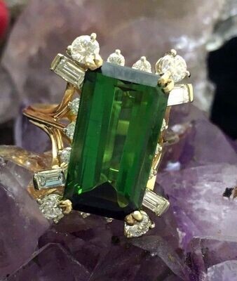 14ky Custom 8.98 Carats Green Mt. Marie Maine Tourmaline and 1 1/5 CTW Diamond Ring
