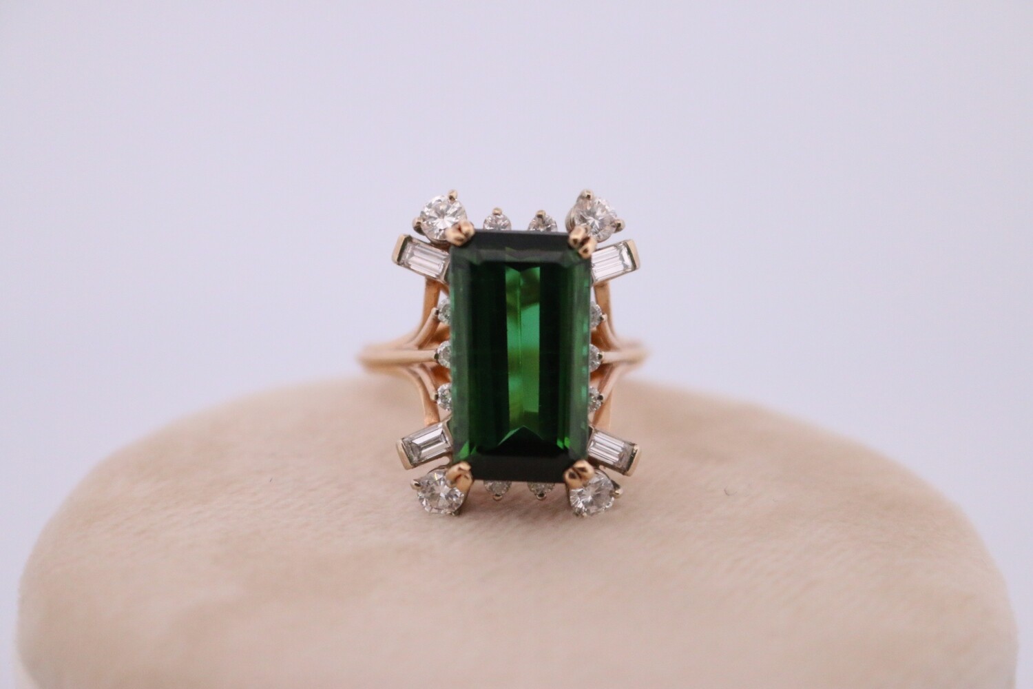 14ky Custom 8.98 Carats Green Mt. Marie Maine Tourmaline and 1 1/5 CTW Diamond Ring