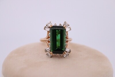 14ky Custom 8.98 Carats Green Mt. Marie Maine Tourmaline and 1 1/5 CTW Diamond Ring