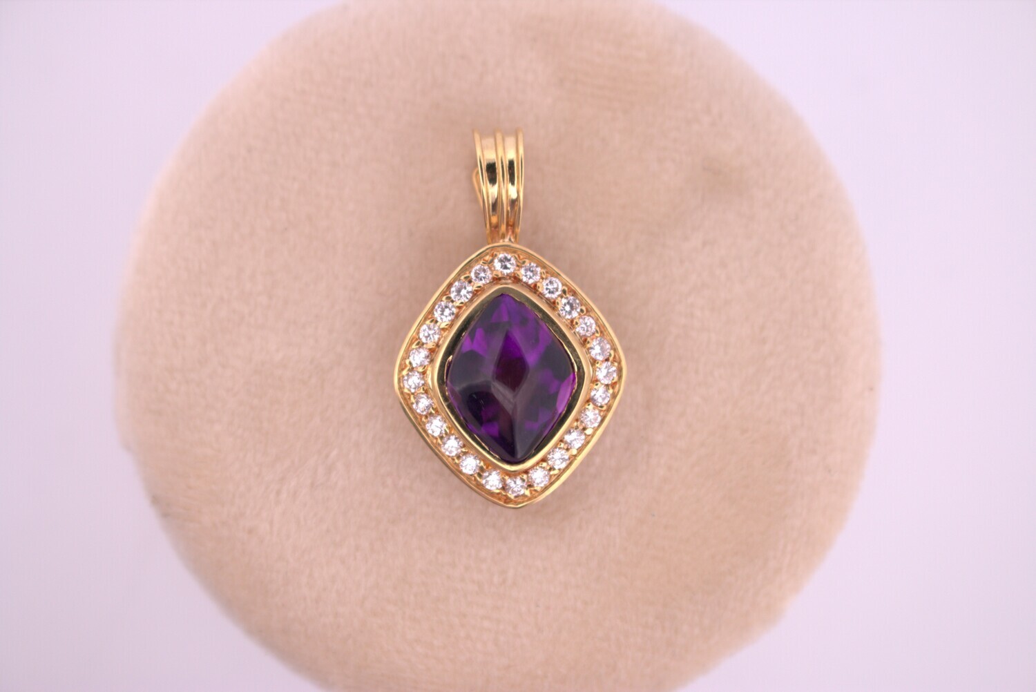 18kt Yellow Gold Buff Top  Amethyst and Diamond Pendant