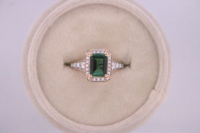 14ky 1.5ct Emerald Cut Green Tourmaline & 5/8ct Diamond Halo Ring