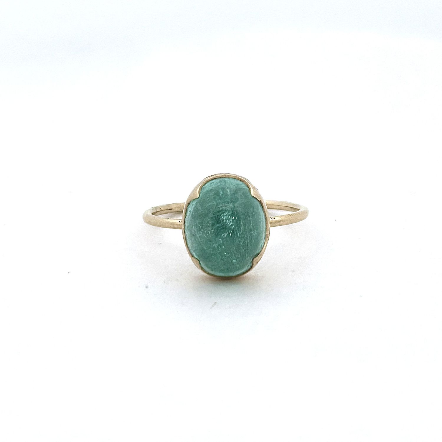 18k Yellow Gold Oval Blue Green Beryl Cabochon Fancy Bezel Ring
