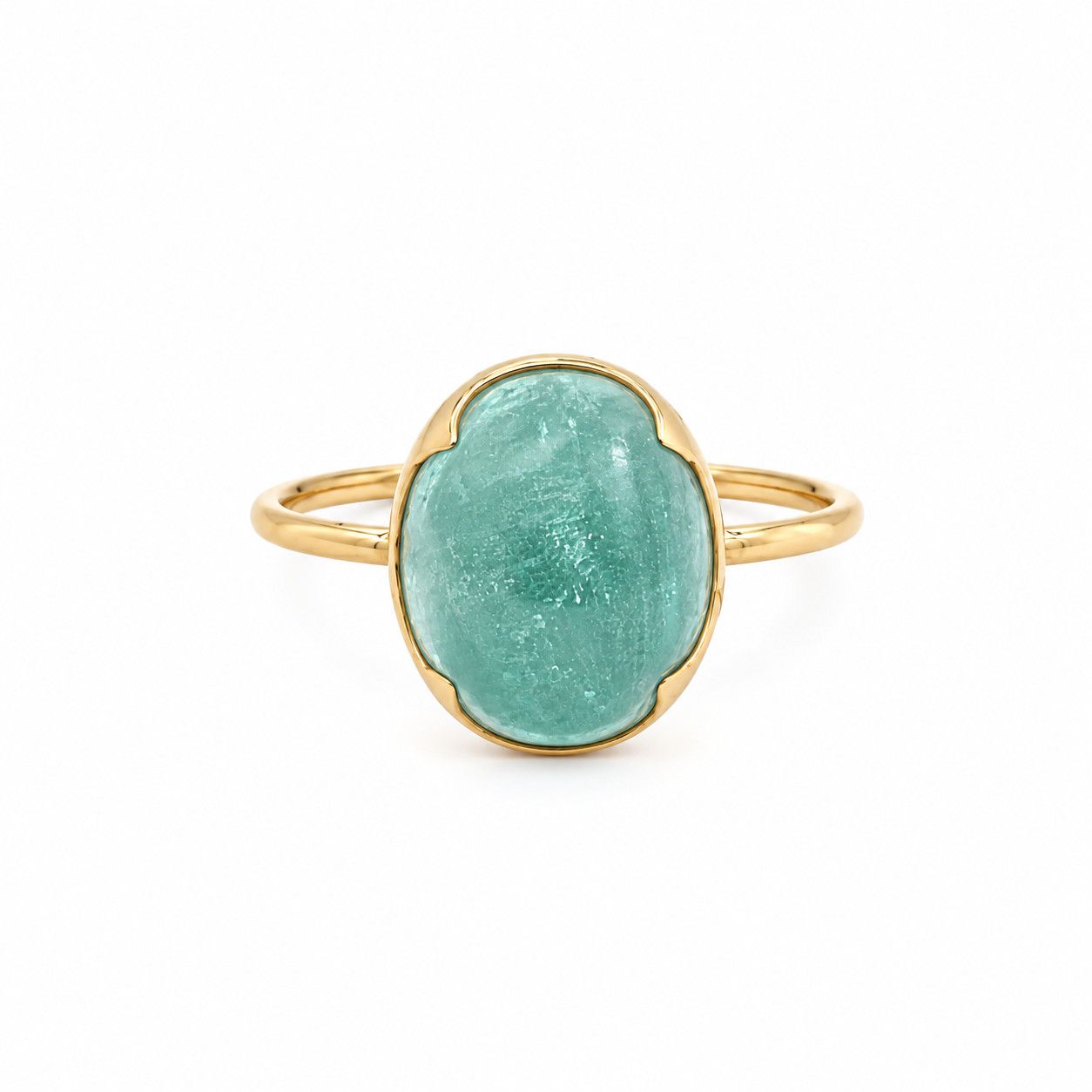 18ky Cabochon Oval Blue Green 4 1/2ct Beryl Fancy Bezel Ring