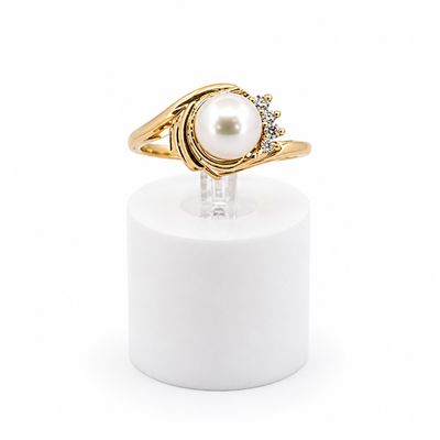 14ky Pearl and Three Diamond Accent Ocean Ring
