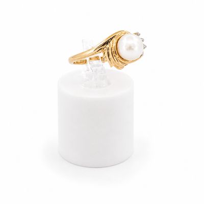 14ky Pearl and Three Diamond Accent Ocean Ring