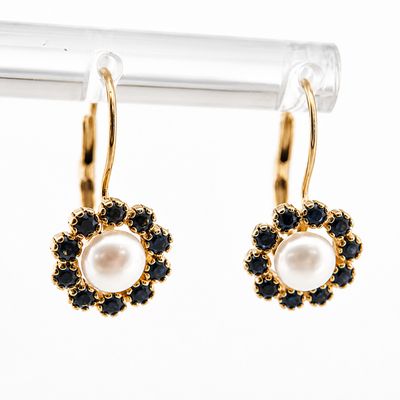 14ky Vintage Button Pearl and Blue Sapphire Halo Lever back Earrings