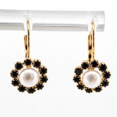 14ky Vintage Button Pearl and Blue Sapphire Halo Lever back Earrings