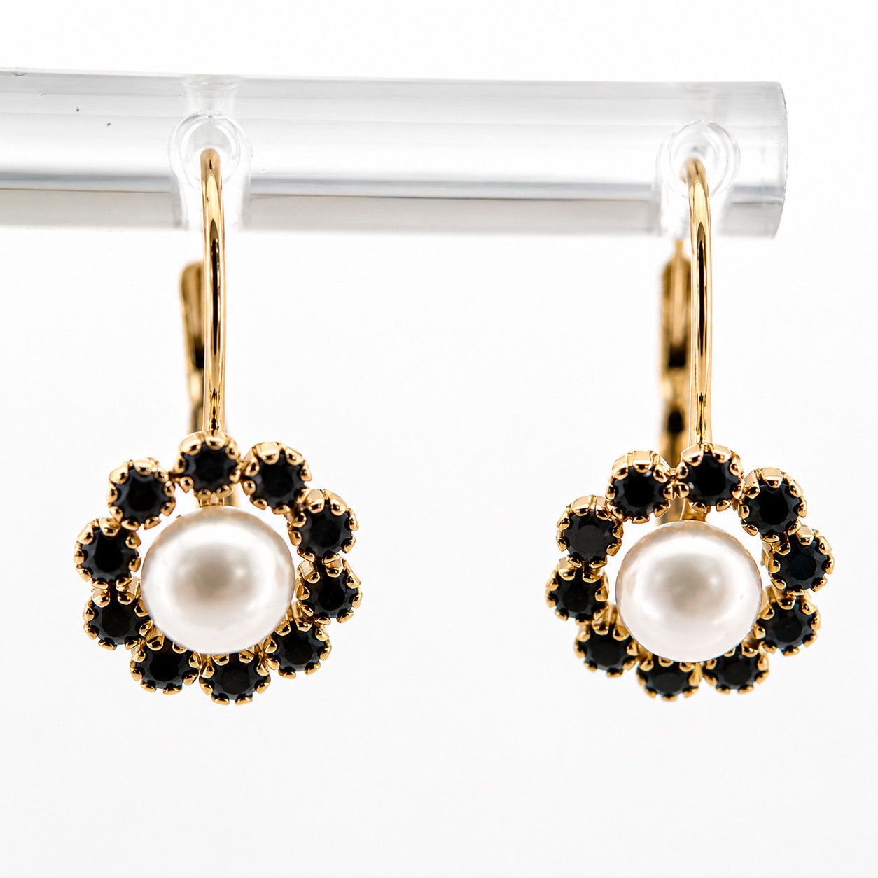 14ky Vintage Button Pearl and Blue Sapphire Halo Lever back Earrings