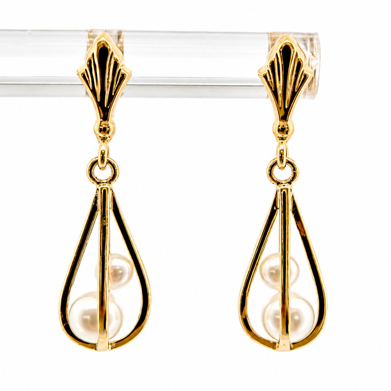 14ky Drop Dangle Cage Style Double Floating Pearl Earrings 14ky Drop Dangle Cage Style Double Floating Pearl Earrings
