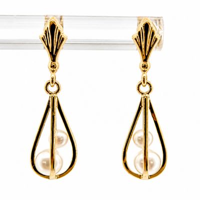 14ky Drop Dangle Cage Style Double Floating Pearl Earrings