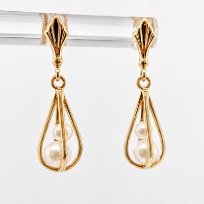 14ky Drop Dangle Cage Style Double Floating Pearl Earrings