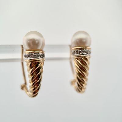 14ky Omega Style Pearl &amp; Diamond Earrings
