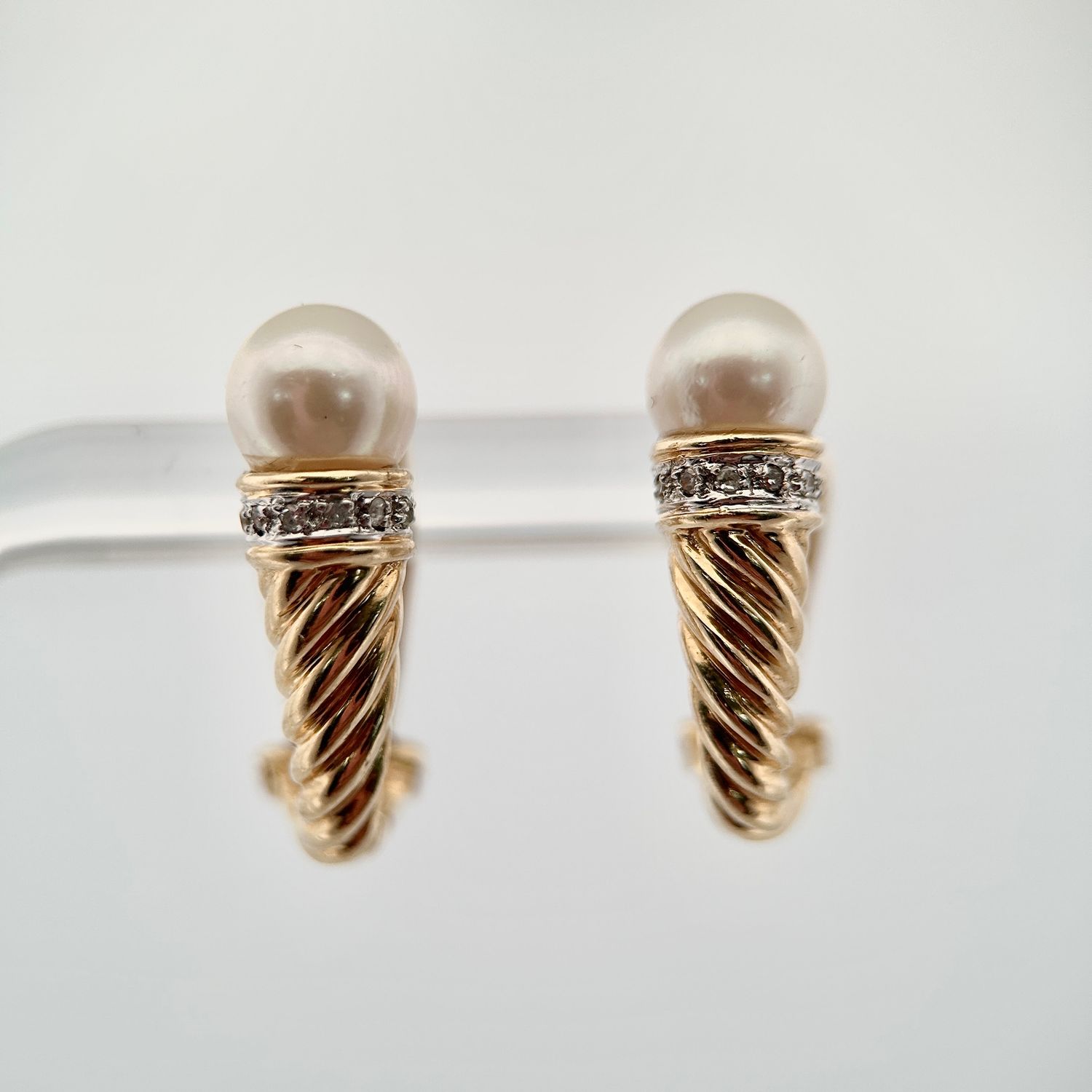 14ky Omega Style Pearl & Diamond Earrings