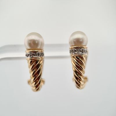 14ky Omega Style Pearl &amp; Diamond Earrings