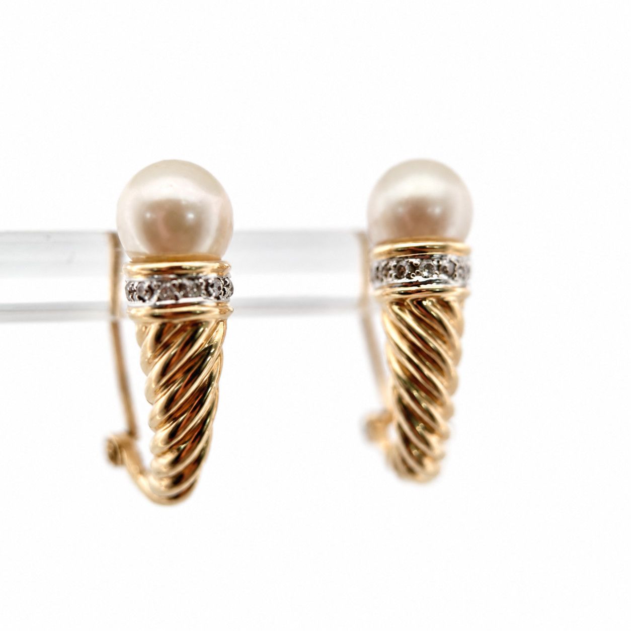 14ky Omega Style Pearl &amp; Diamond Earrings