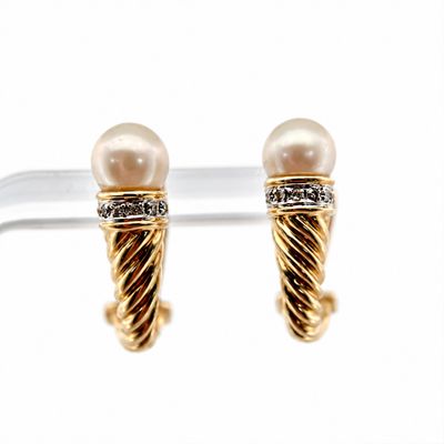 14ky Omega Style Pearl &amp; Diamond Earrings
