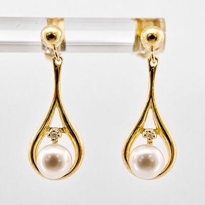 14ky Drop Dangle Pearl and Melee Earrings