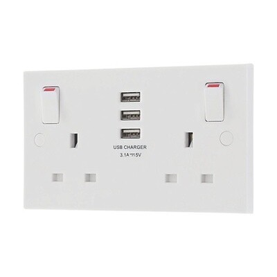 BRITISH GENERAL 900 SERIES 13A 2-GANG SP SWITCHED SOCKET + 3.1A 3-OUTLET TYPE A USB CHARGER WHITE
