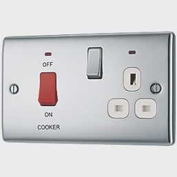 BRITISH GENERAL NEXUS METAL 45A 2-GANG DP COOKER SWITCH &amp; 13A DP SWITCHED SOCKET POLISHED CHROME WITH LED WITH WHITE INSERTS
