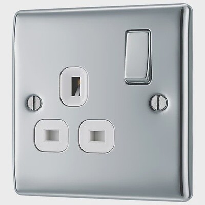 BRITISH GENERAL NEXUS METAL 13A 1-GANG DP SWITCHED PLUG SOCKET POLISHED CHROME WITH WHITE INSERTS