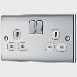 BRITISH GENERAL NEXUS METAL 13A 2-GANG DP SWITCHED PLUG SOCKET POLISHED CHROME WITH WHITE INSERTS