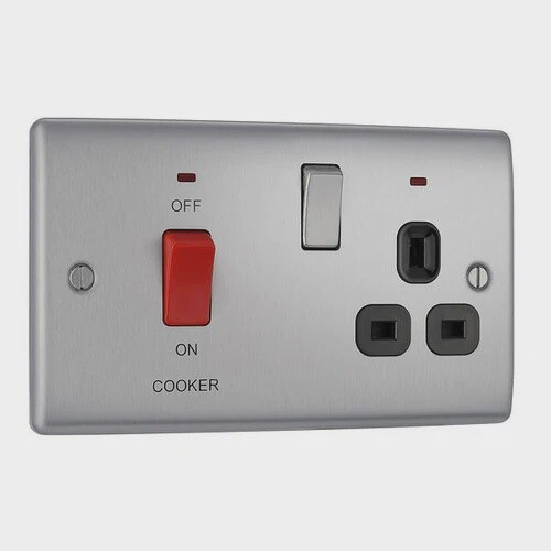 BG Nexus Metal 45 Amp DP Cooker Switch with Socket &amp; Neon in Brushed Steel with Black Inserts - NBS70B-01