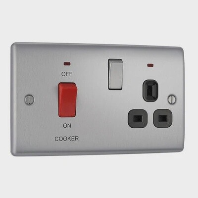 BG Nexus Metal 45 Amp DP Cooker Switch with Socket &amp; Neon in Brushed Steel with Black Inserts - NBS70B-01