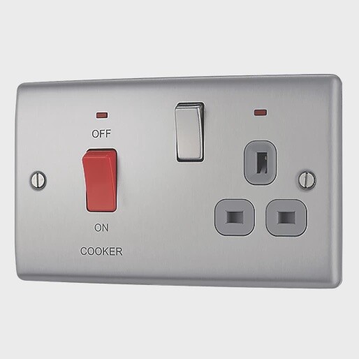 BRITISH GENERAL NEXUS METAL 45A 2-GANG DP COOKER SWITCH &amp; 13A DP SWITCHED SOCKET BRUSHED STEEL WITH LED WITH GRAPHITE INSERTS