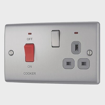 BRITISH GENERAL NEXUS METAL 45A 2-GANG DP COOKER SWITCH &amp; 13A DP SWITCHED SOCKET BRUSHED STEEL WITH LED WITH GRAPHITE INSERTS