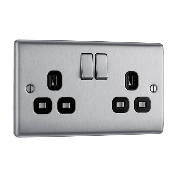 13 Amp 2 Gang Double DP Switched Socket Brushed Steel - Black Insert