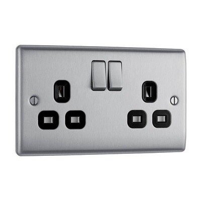 13 Amp 2 Gang Double DP Switched Socket Brushed Steel - Black Insert