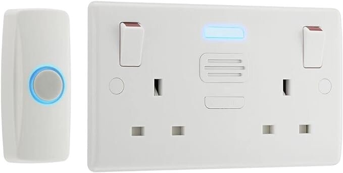 BG Electrical Wireless DoorBell with IP44 Rated Push Button and Double Power Socket, Battery Operated, White Moulded
