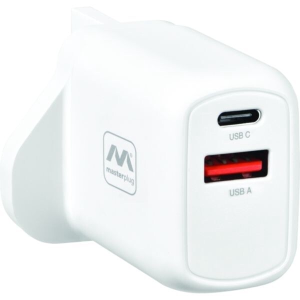 Masterplug USBPLGAC30W/U White 1x USB-A 1x USB-C 30W Charger Plug