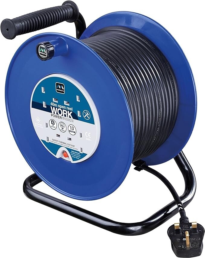 Masterplug Four Socket Open Cable Reel with Handle, 40 Metres, Blue