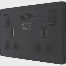 BRITISH GENERAL EVOLVE 13A 2-GANG SP SWITCHED SOCKET + 3.1A 2-OUTLET TYPE A USB CHARGER MATT BLACK WITH BLACK INSERTS