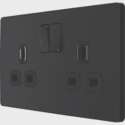 BRITISH GENERAL EVOLVE 13A 2-GANG SP SWITCHED SOCKET MATT BLACK WITH BLACK INSERTS