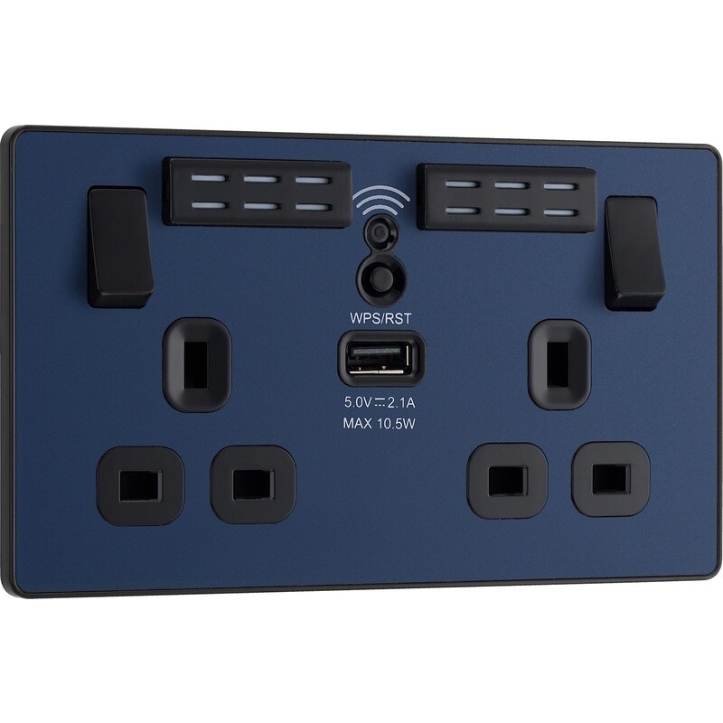 BG Evolve Matt Blue (Black Ins) Wifi Extender Double Switched 13A Power Socket + 1X Usb (2.1A)